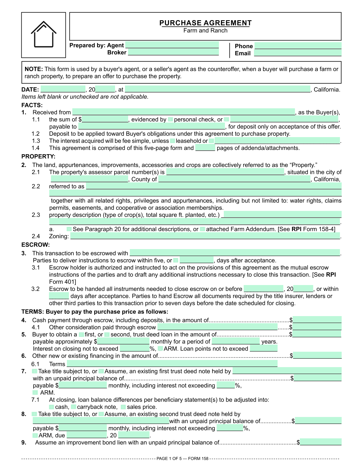 Farm and Ranch Purchase Agreement (RPI 158) screenshot