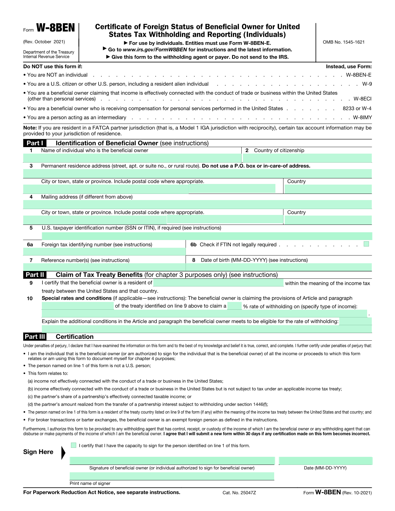 Form W-8 BEN screenshot